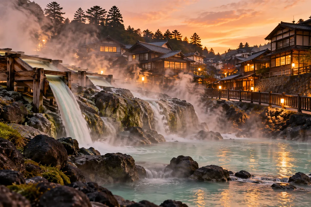 湯けむりの立つ温泉の湯の流れと、夕暮れの温泉街（草津のイメージ）