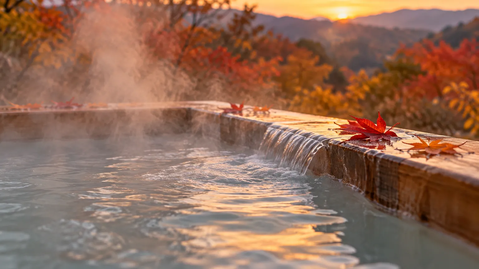湯けむりの立つ木の湯船のふちに、紅葉した葉がのっている夕方の温泉