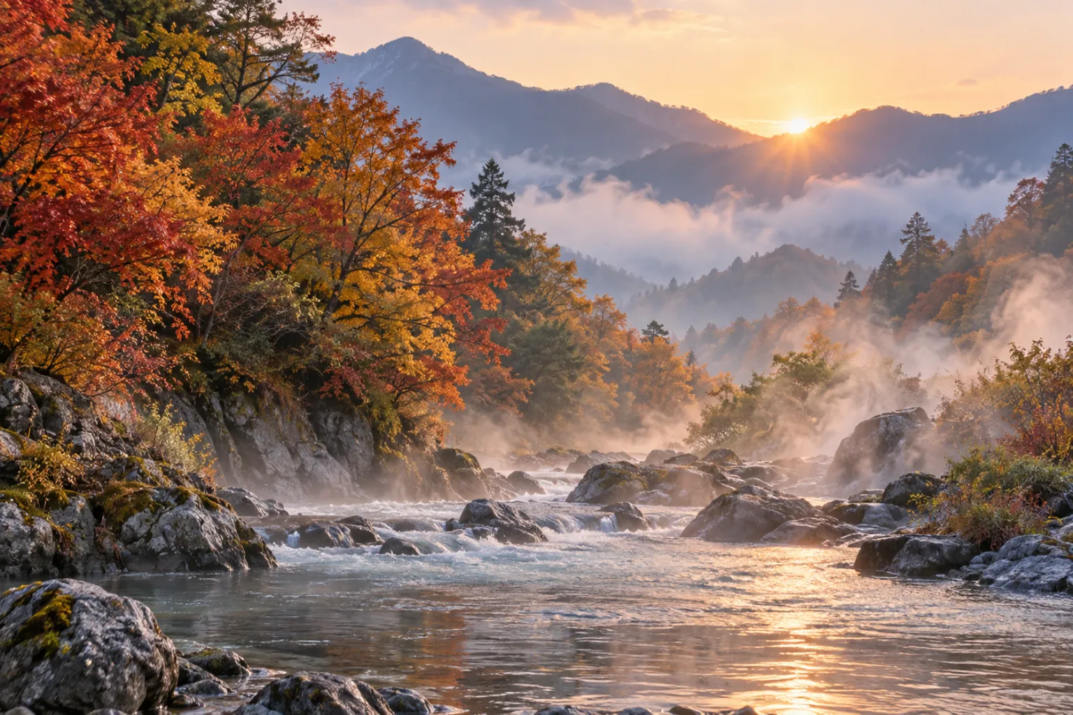 紅葉の渓流と、川べりから立ちのぼる湯けむり
